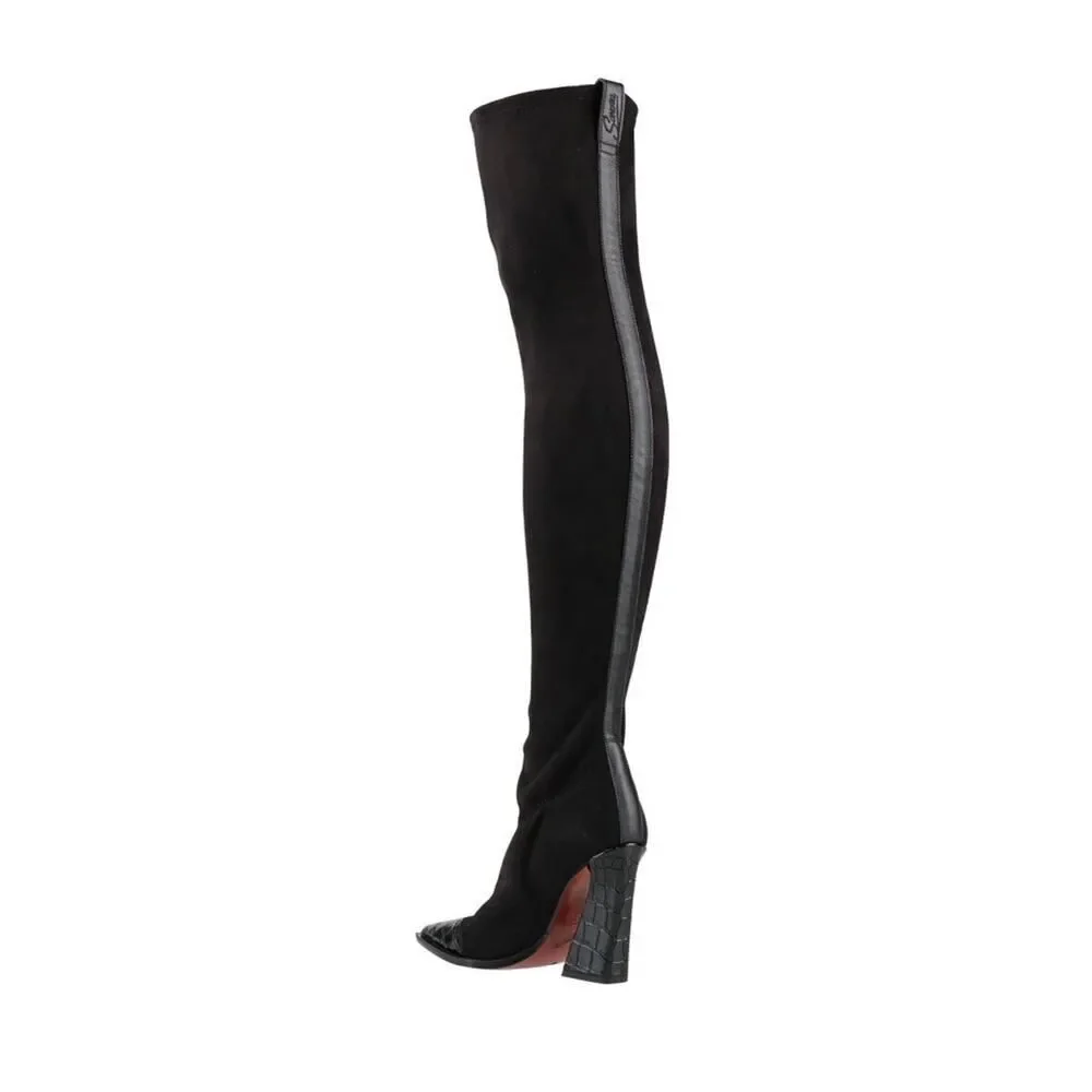 NEW SONORA Over Knee Pasilla Croc-Detail Black Boots 39 US 8 Black Italy $1403